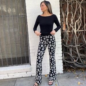 UO Black & white floral print bell bottom pants with elastic waistband